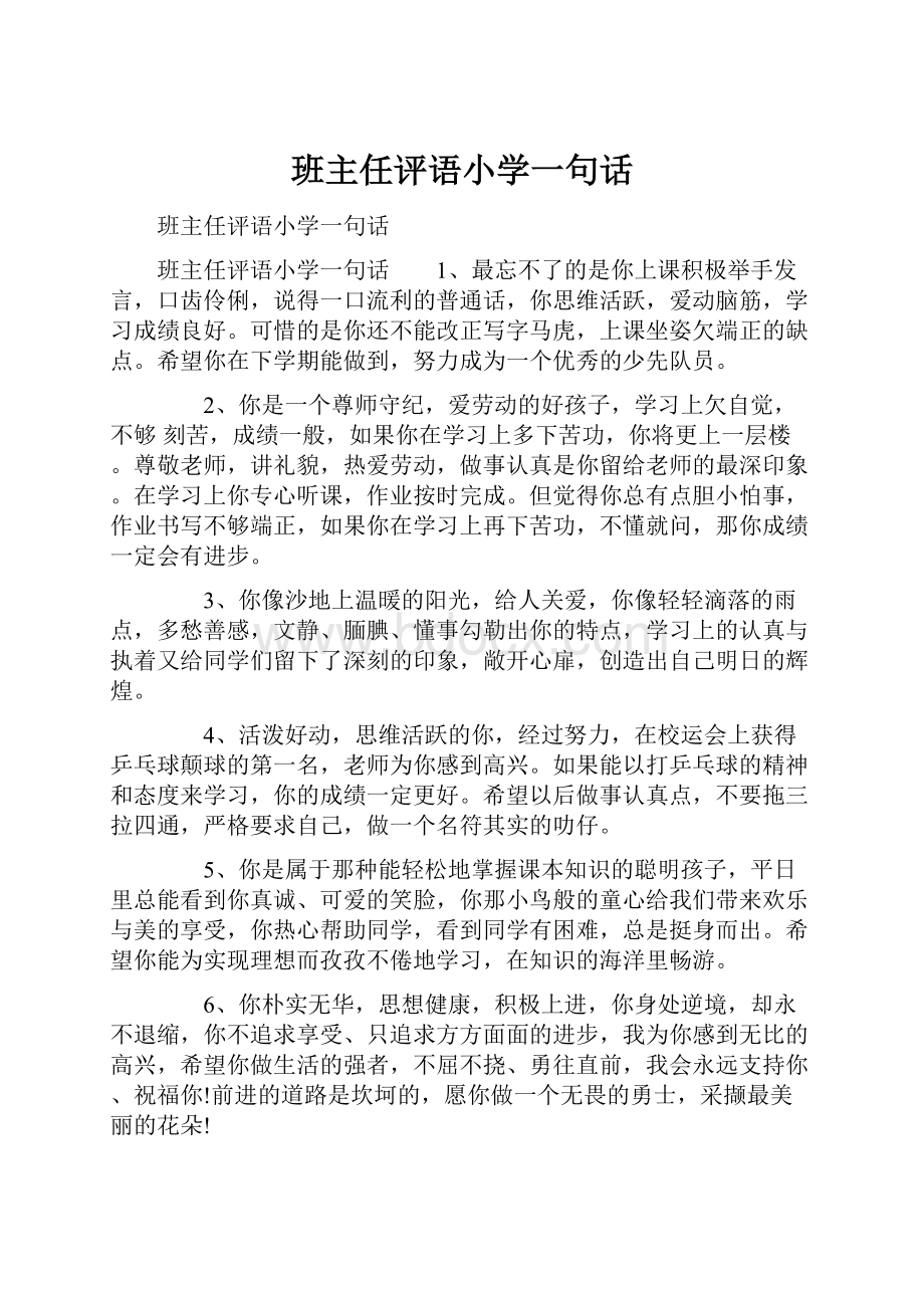 班主任评语小学一句话文档格式.docx