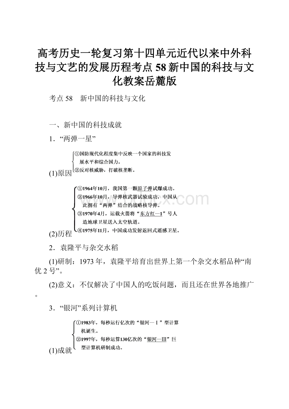 高考历史一轮复习第十四单元近代以来中外科技与文艺的发展历程考点58新中国的科技与文化教案岳麓版.docx_第1页