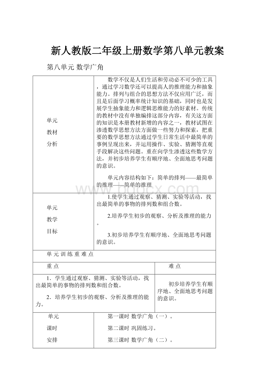 新人教版二年级上册数学第八单元教案Word文档下载推荐.docx_第1页