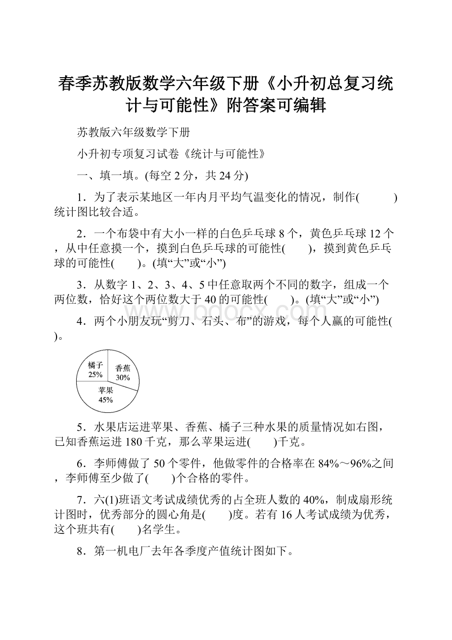 春季苏教版数学六年级下册《小升初总复习统计与可能性》附答案可编辑.docx_第1页