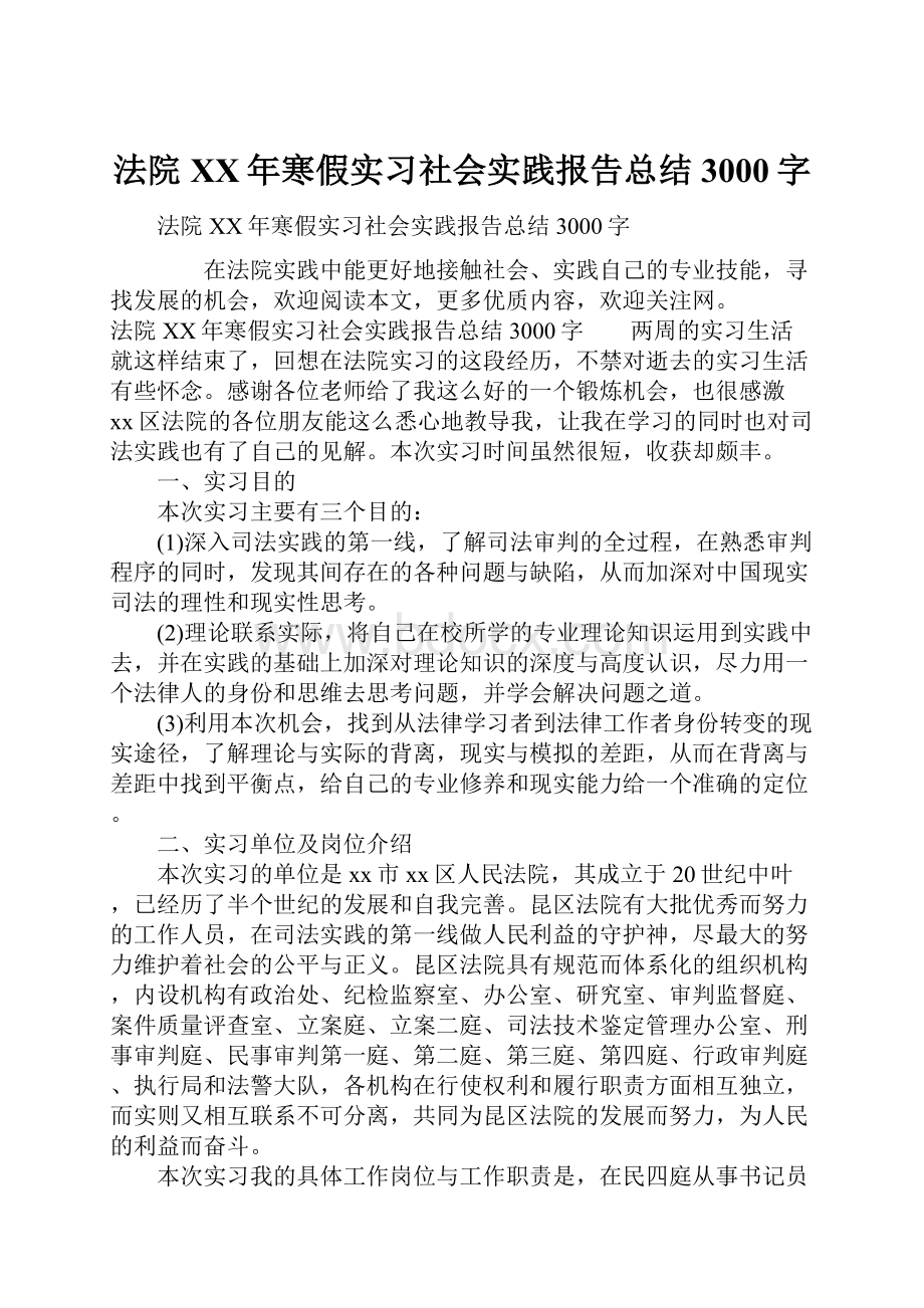 法院XX年寒假实习社会实践报告总结3000字.docx_第1页