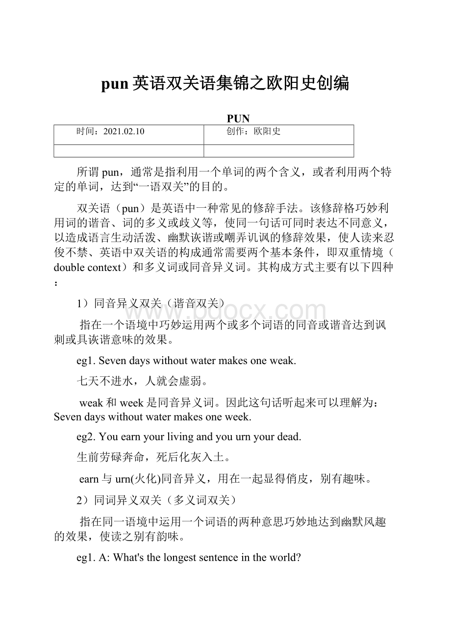 pun英语双关语集锦之欧阳史创编文档格式.docx