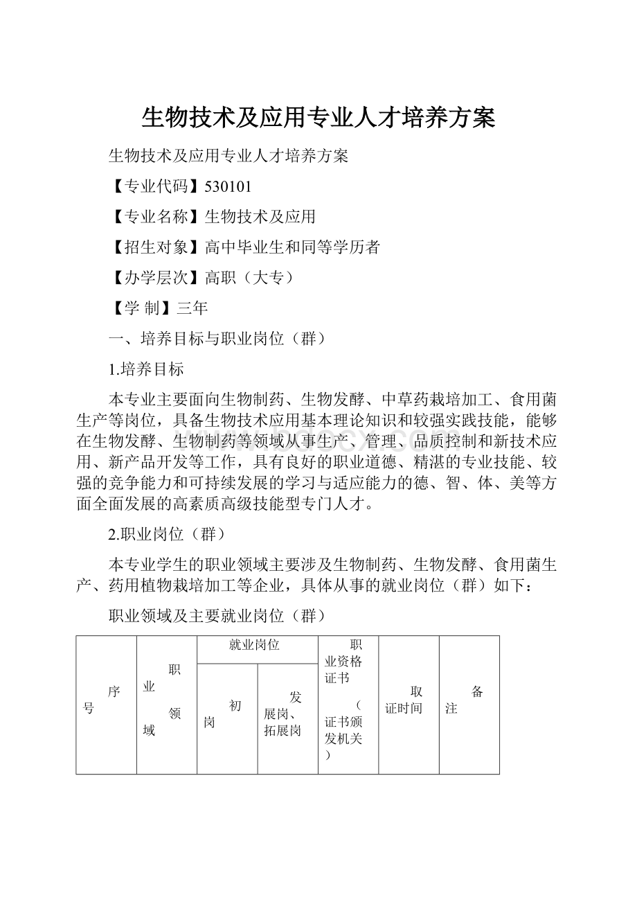 生物技术及应用专业人才培养方案Word文件下载.docx_第1页