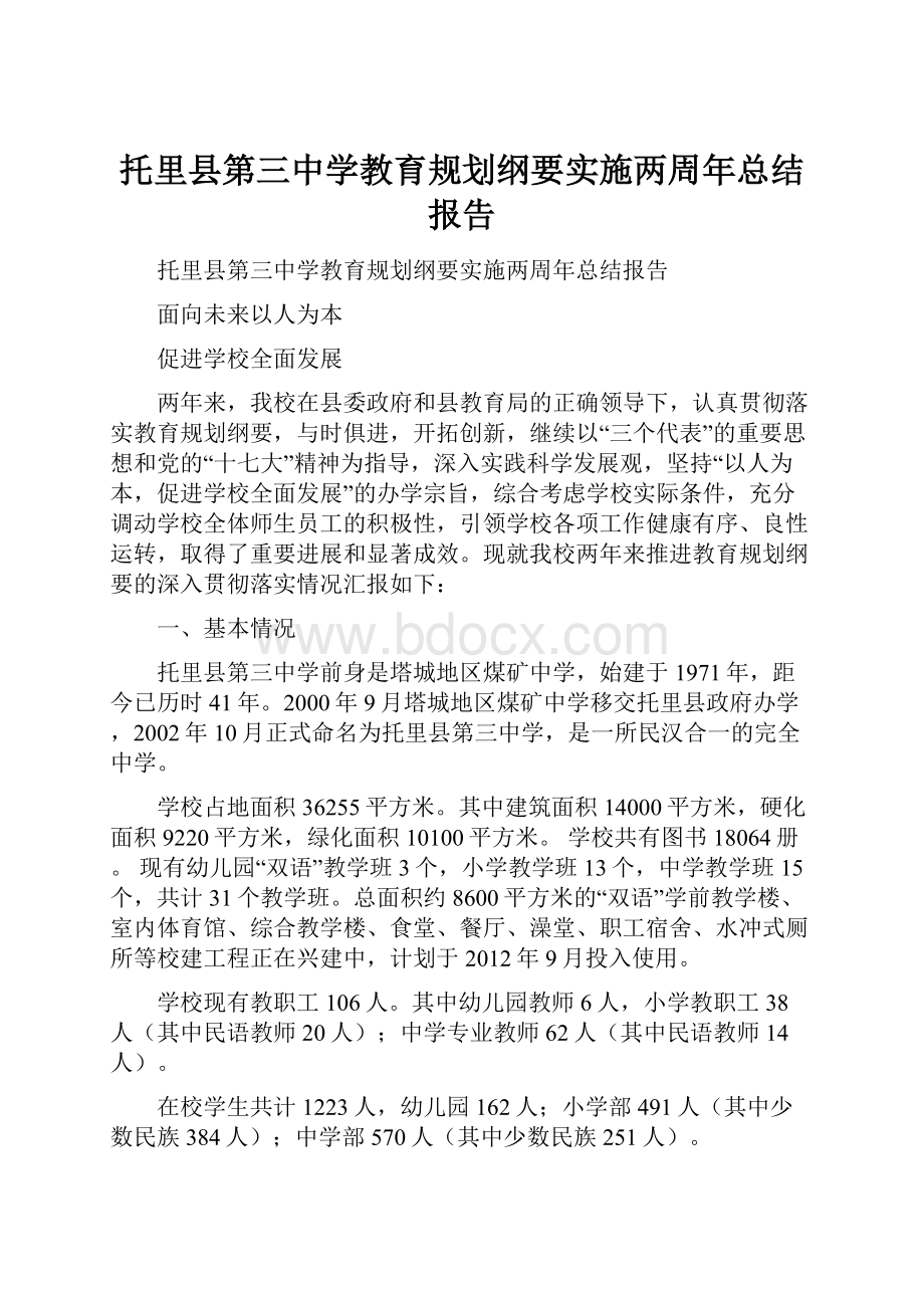 托里县第三中学教育规划纲要实施两周年总结报告.docx_第1页