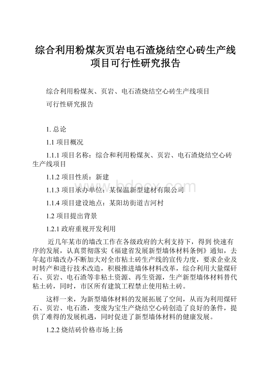 综合利用粉煤灰页岩电石渣烧结空心砖生产线项目可行性研究报告Word文档格式.docx