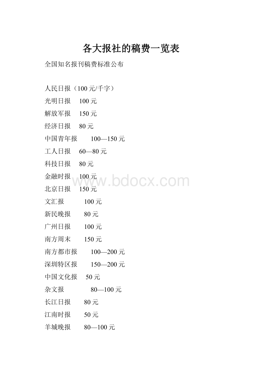 各大报社的稿费一览表Word文档下载推荐.docx