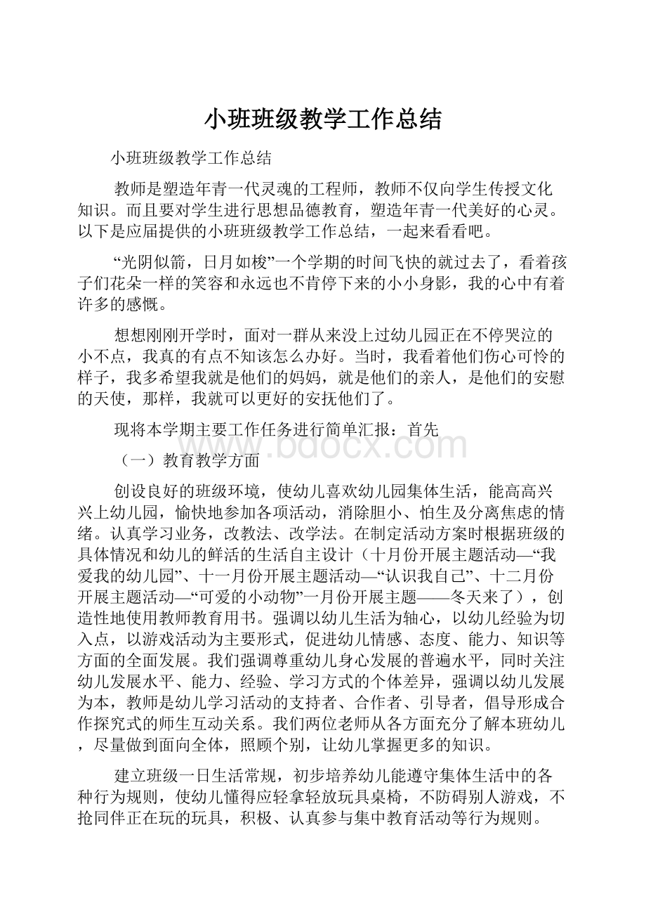 小班班级教学工作总结Word格式.docx