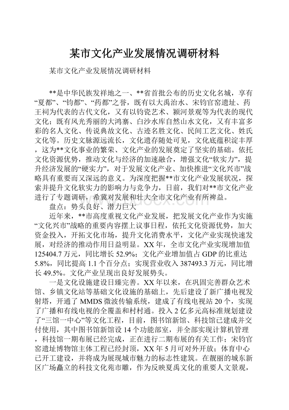 某市文化产业发展情况调研材料.docx_第1页