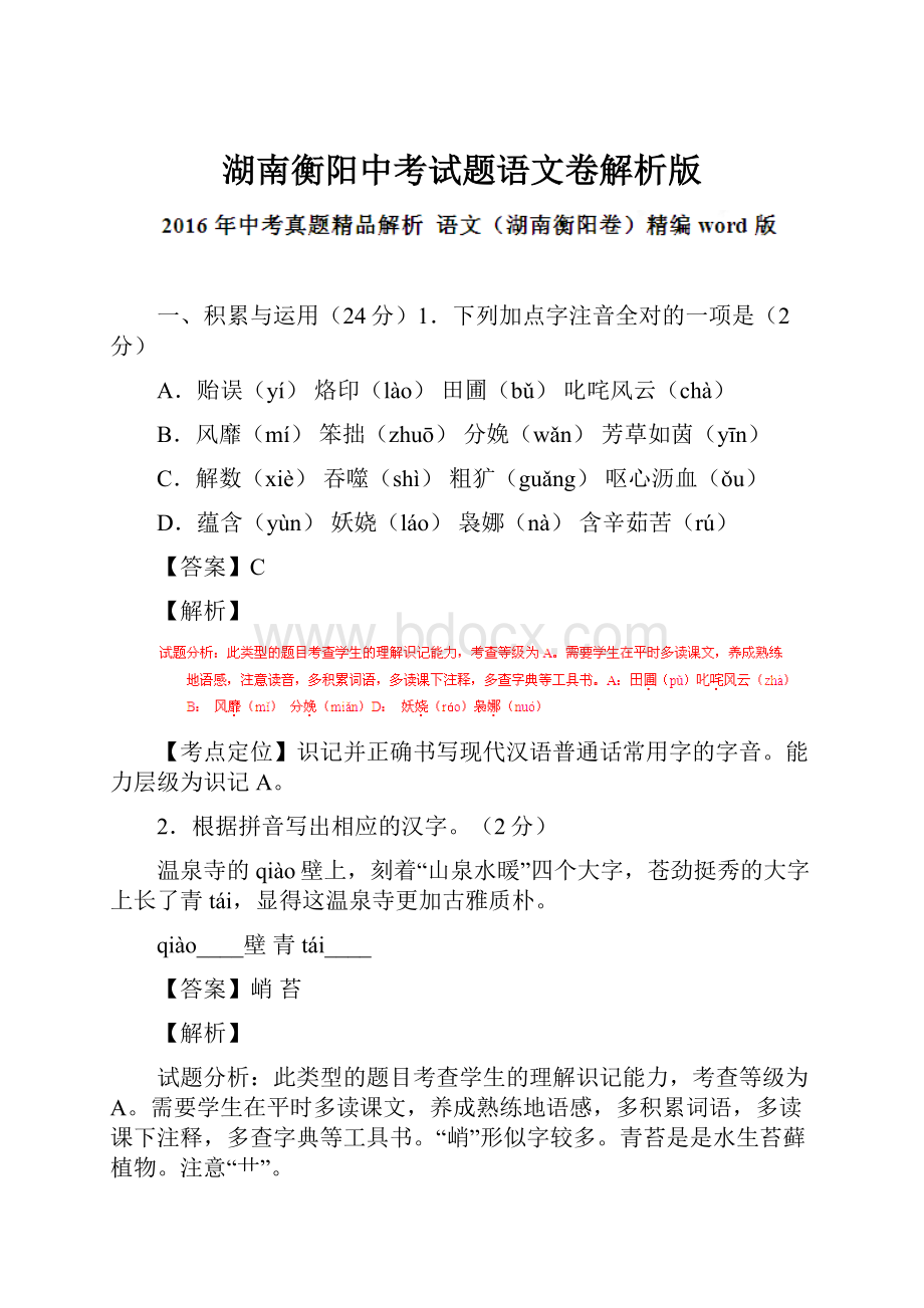 湖南衡阳中考试题语文卷解析版.docx