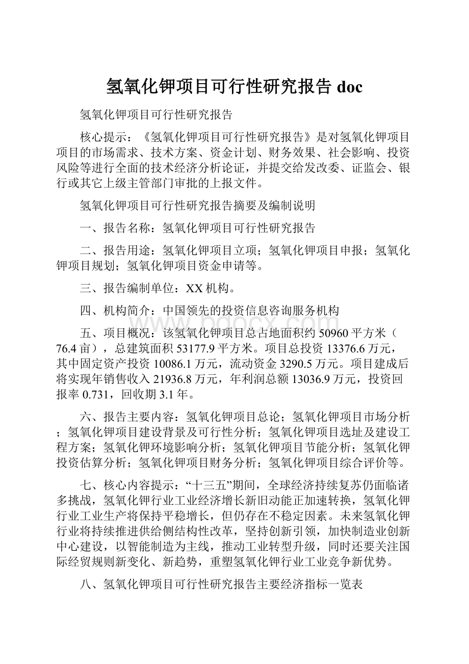 氢氧化钾项目可行性研究报告doc文档格式.docx