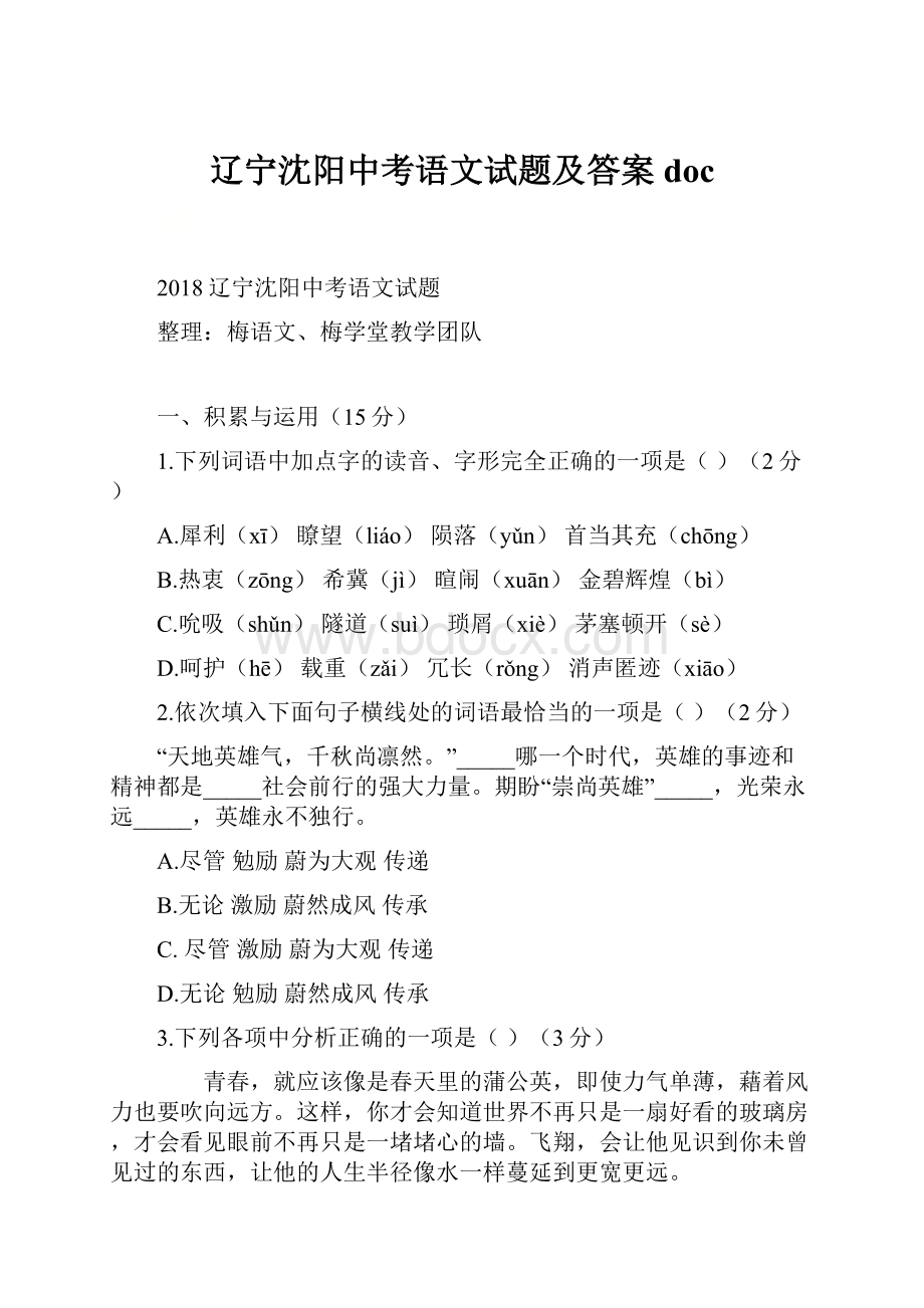 辽宁沈阳中考语文试题及答案docWord下载.docx