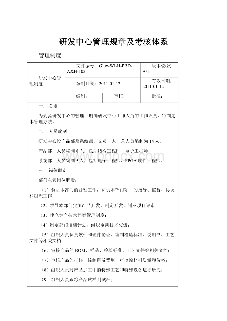 研发中心管理规章及考核体系文档格式.docx