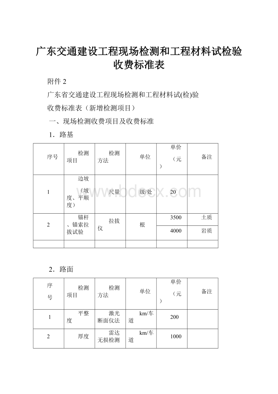 广东交通建设工程现场检测和工程材料试检验收费标准表Word格式.docx