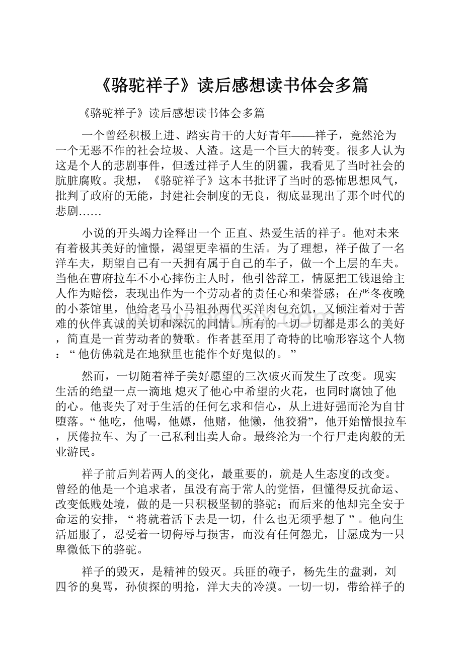 《骆驼祥子》读后感想读书体会多篇.docx