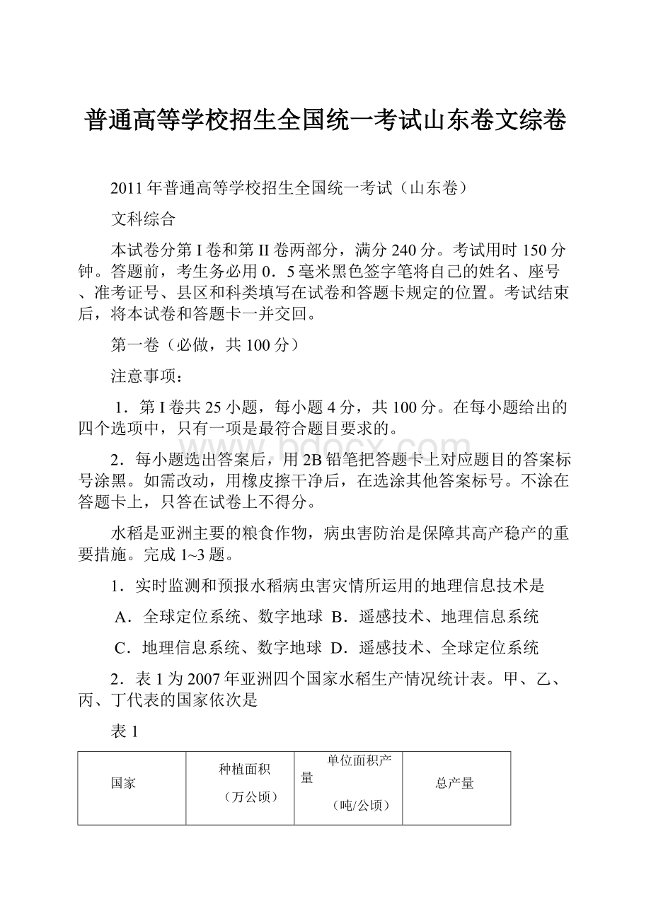 普通高等学校招生全国统一考试山东卷文综卷.docx