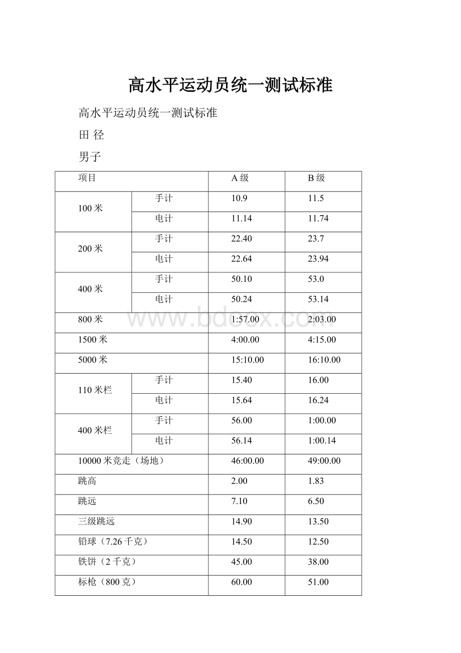 高水平运动员统一测试标准Word格式.docx