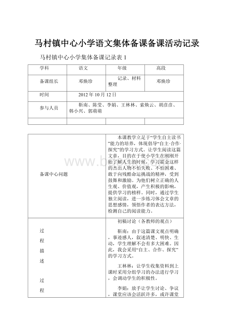 马村镇中心小学语文集体备课备课活动记录Word下载.docx