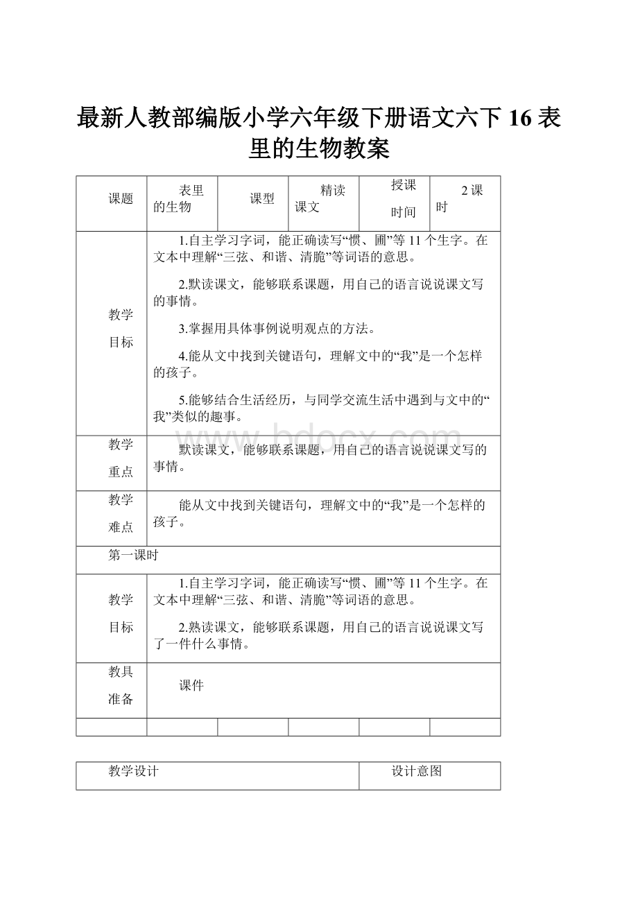 最新人教部编版小学六年级下册语文六下16 表里的生物教案文档格式.docx