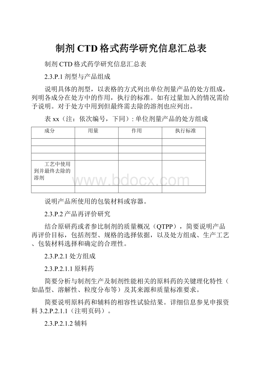 制剂CTD格式药学研究信息汇总表Word下载.docx