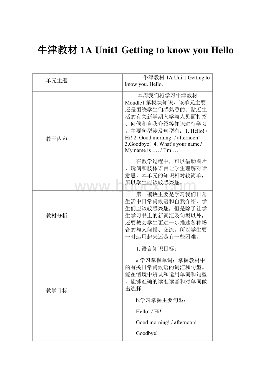 牛津教材1A Unit1 Getting to know you Hello.docx