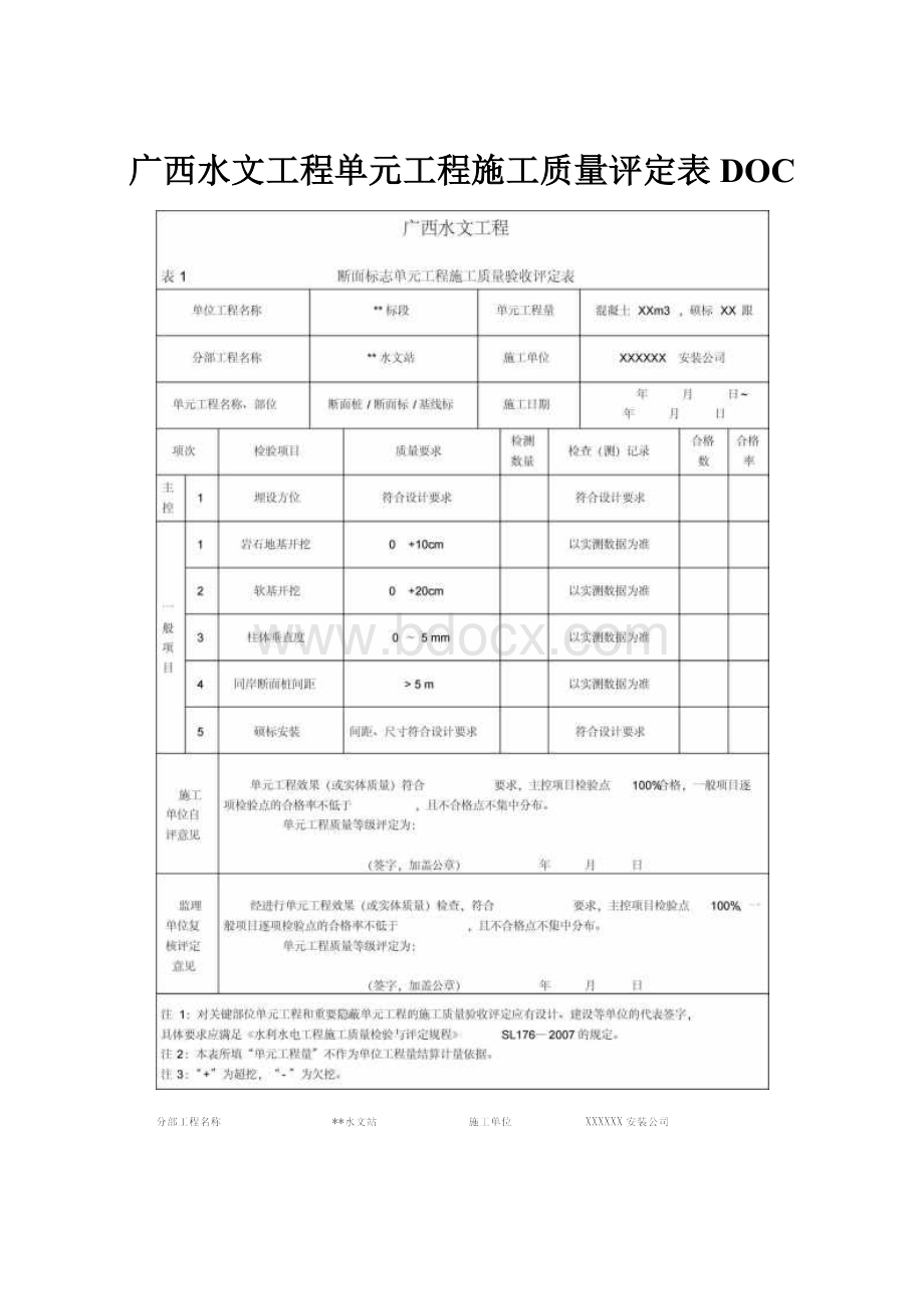 广西水文工程单元工程施工质量评定表DOCWord格式文档下载.docx