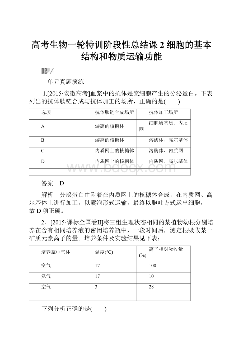 高考生物一轮特训阶段性总结课2 细胞的基本结构和物质运输功能.docx_第1页