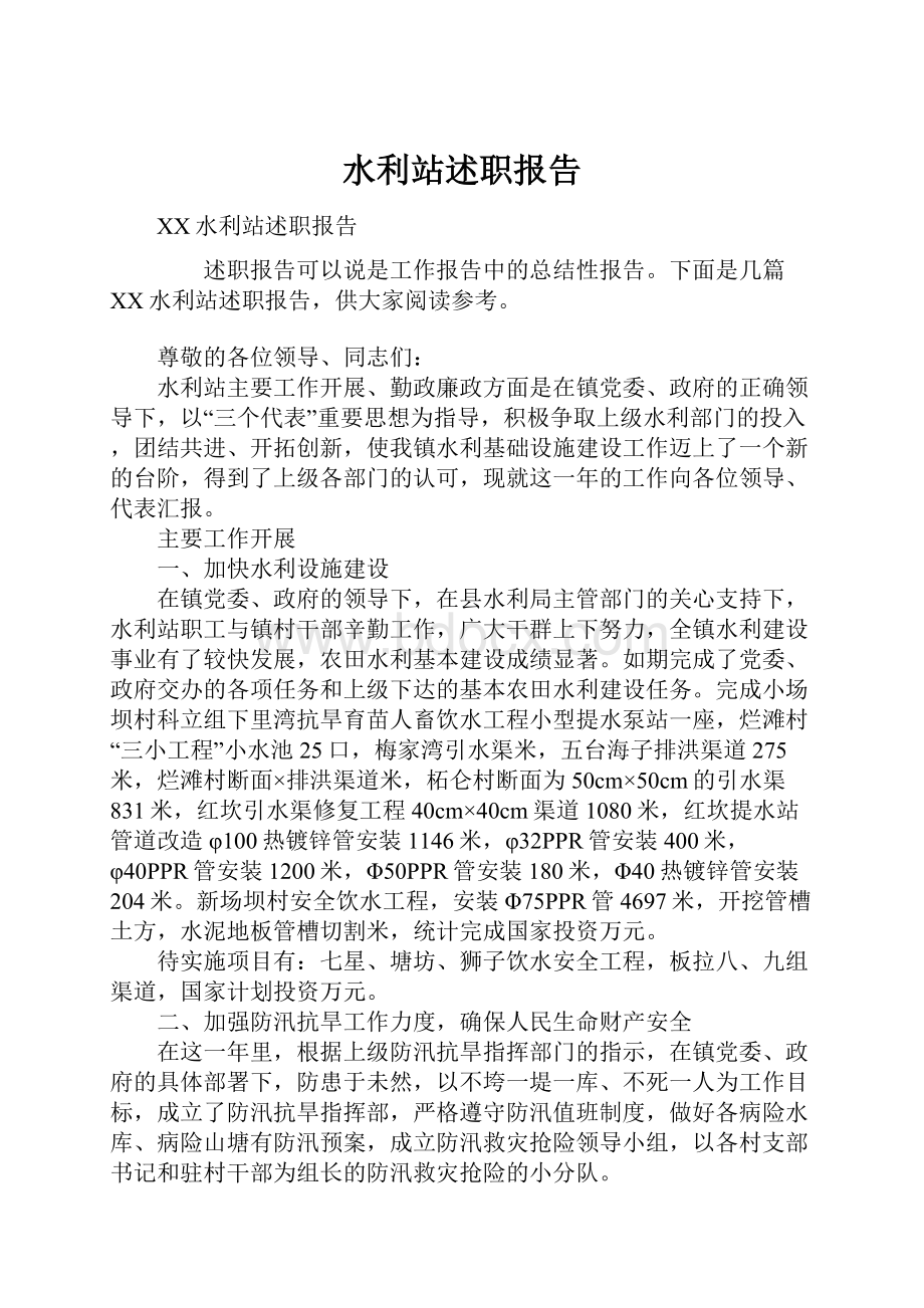 水利站述职报告Word格式文档下载.docx