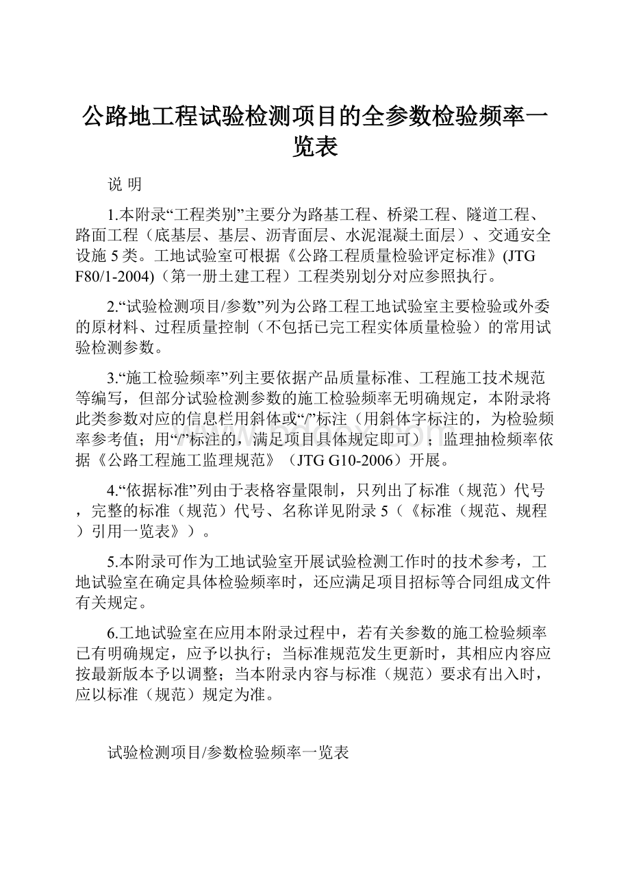 公路地工程试验检测项目的全参数检验频率一览表Word文件下载.docx