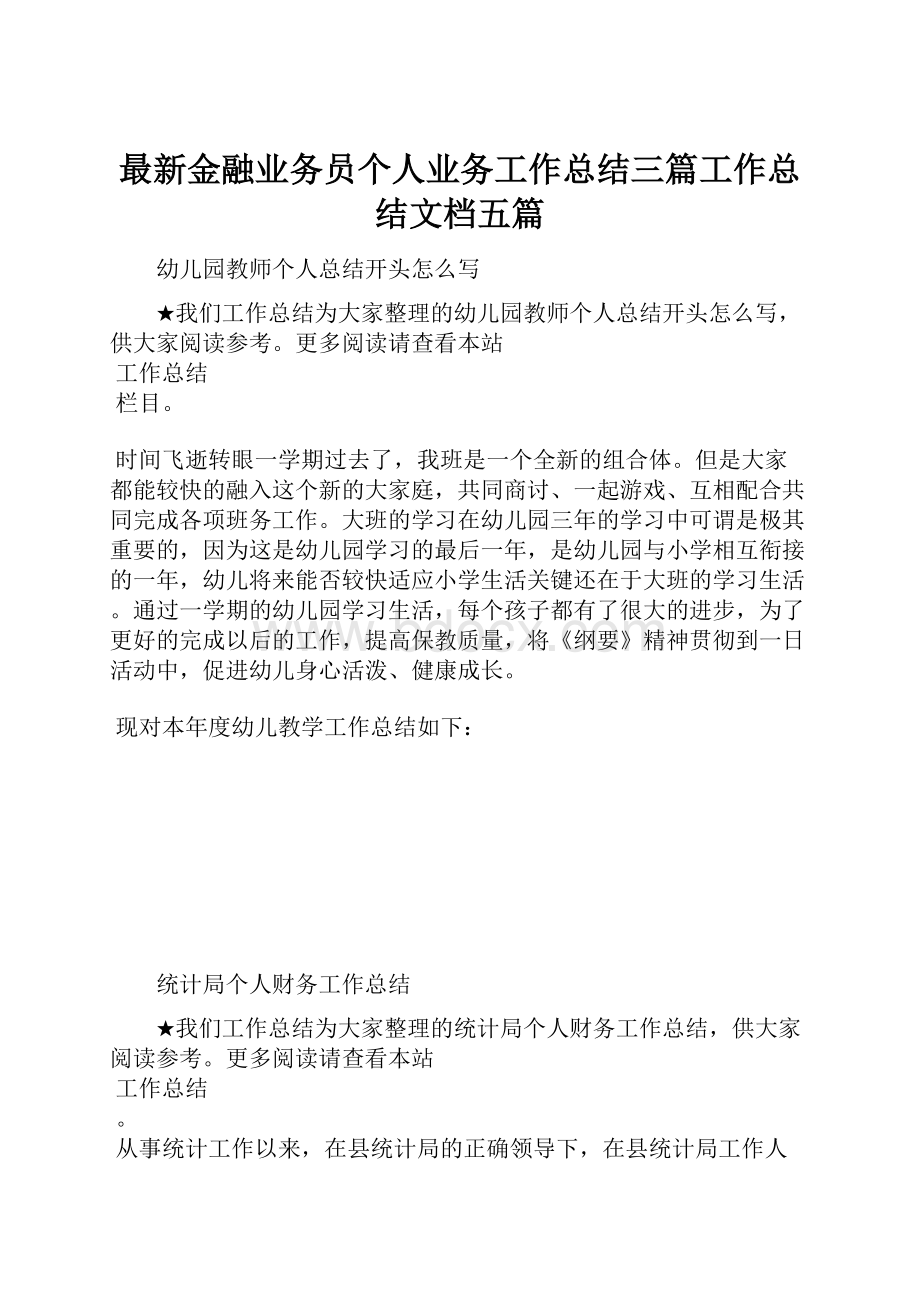 最新金融业务员个人业务工作总结三篇工作总结文档五篇.docx