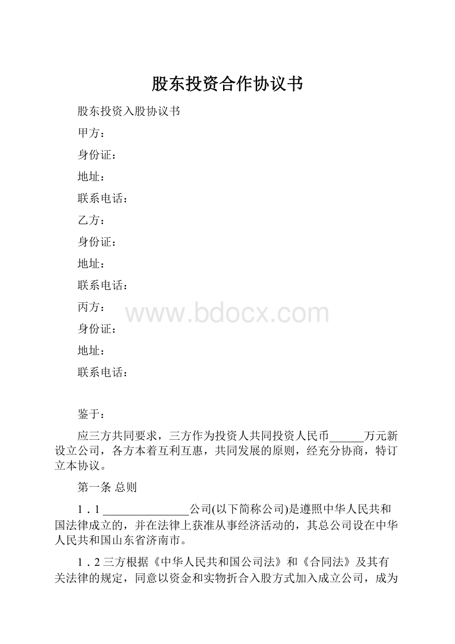 股东投资合作协议书.docx_第1页