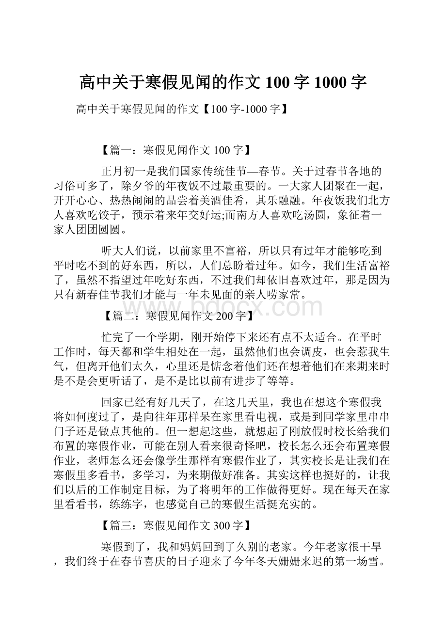 高中关于寒假见闻的作文100字1000字Word格式文档下载.docx