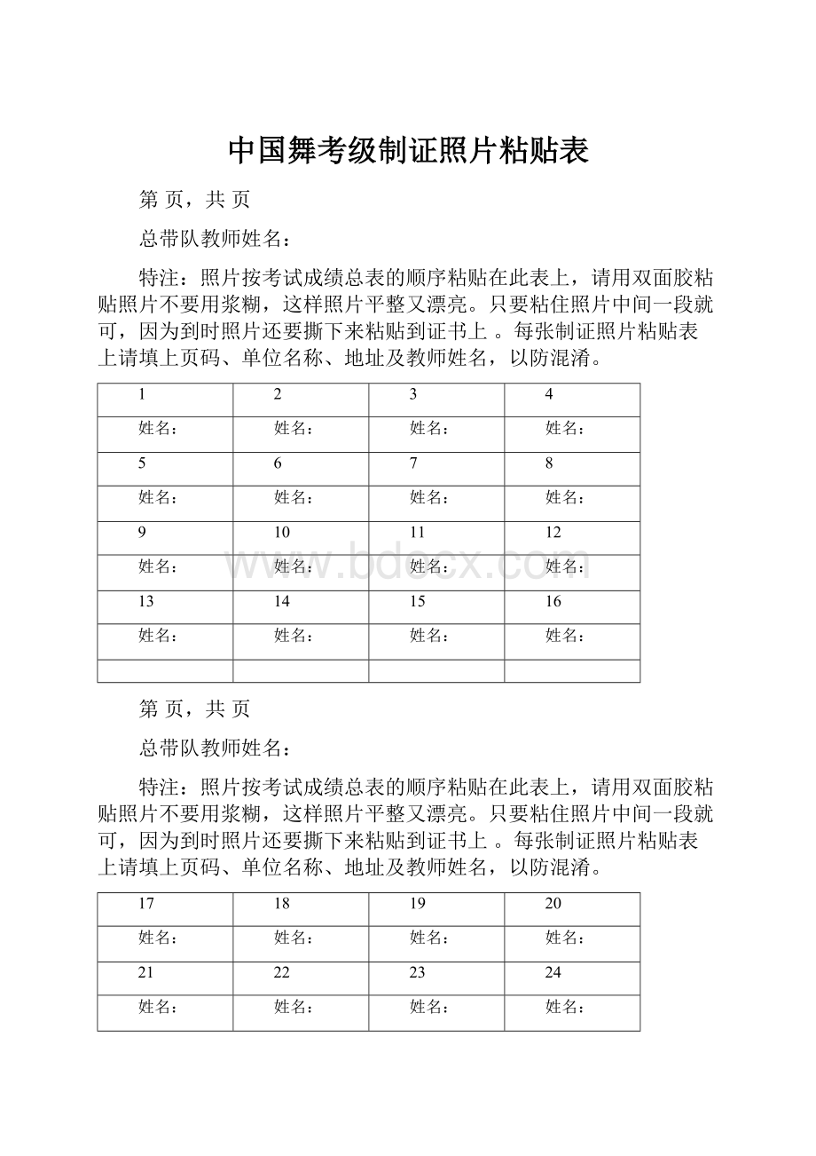 中国舞考级制证照片粘贴表Word文档格式.docx_第1页