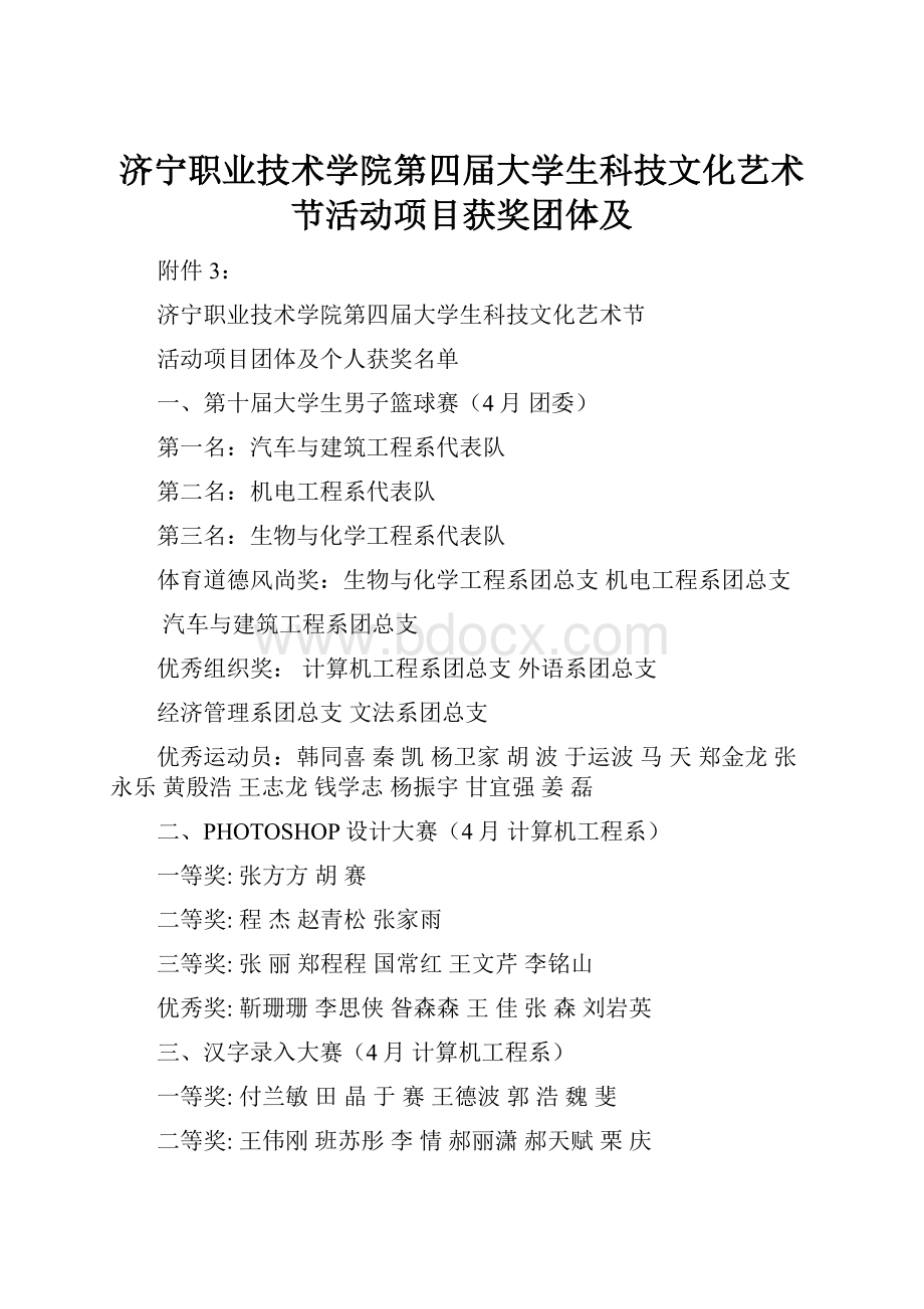 济宁职业技术学院第四届大学生科技文化艺术节活动项目获奖团体及文档格式.docx