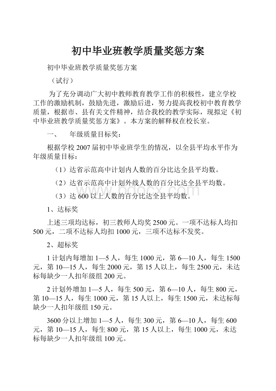 初中毕业班教学质量奖惩方案Word格式文档下载.docx