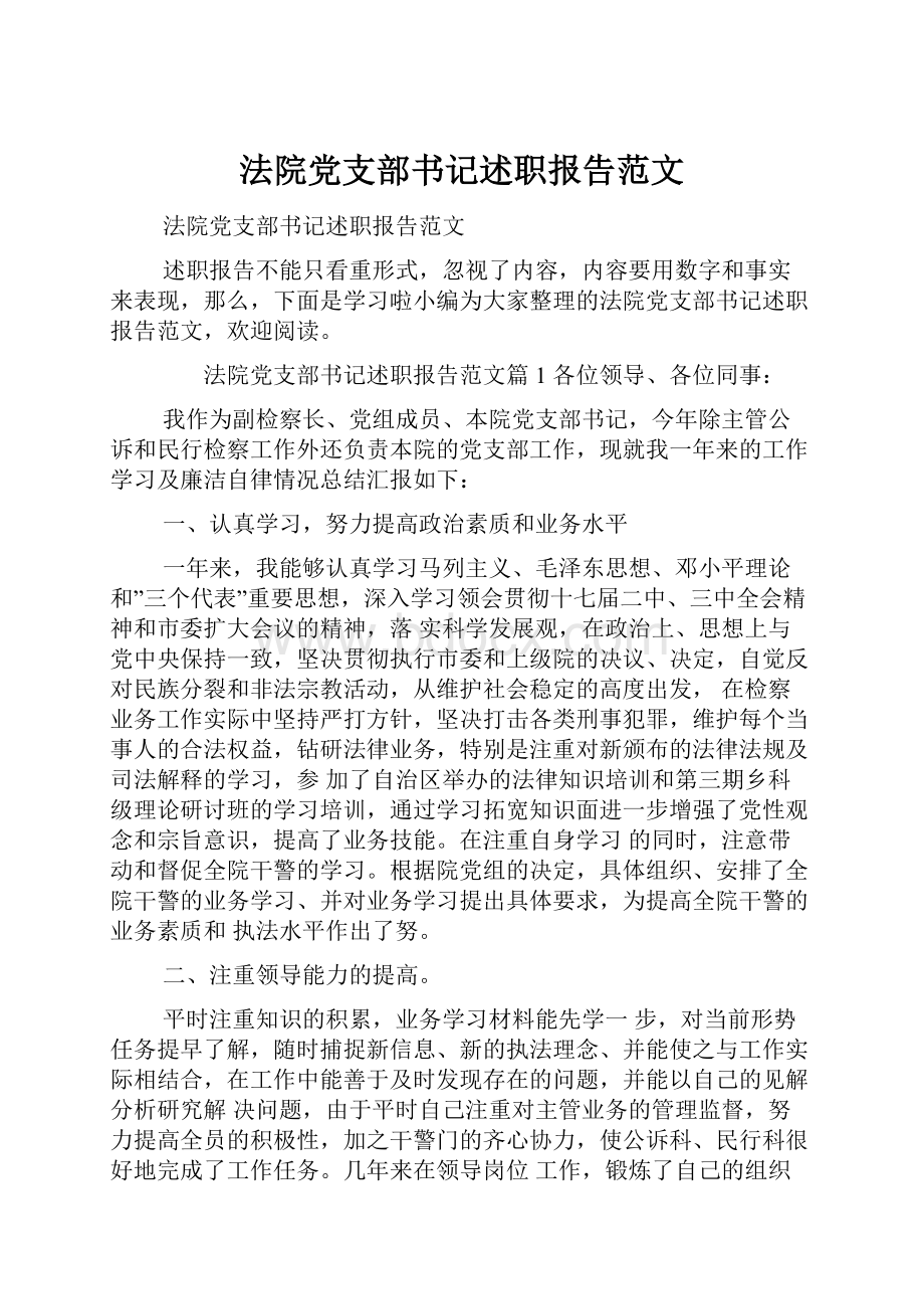 法院党支部书记述职报告范文Word格式文档下载.docx