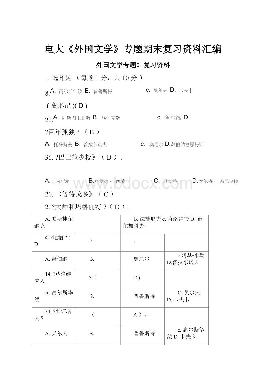 电大《外国文学》专题期末复习资料汇编Word下载.docx