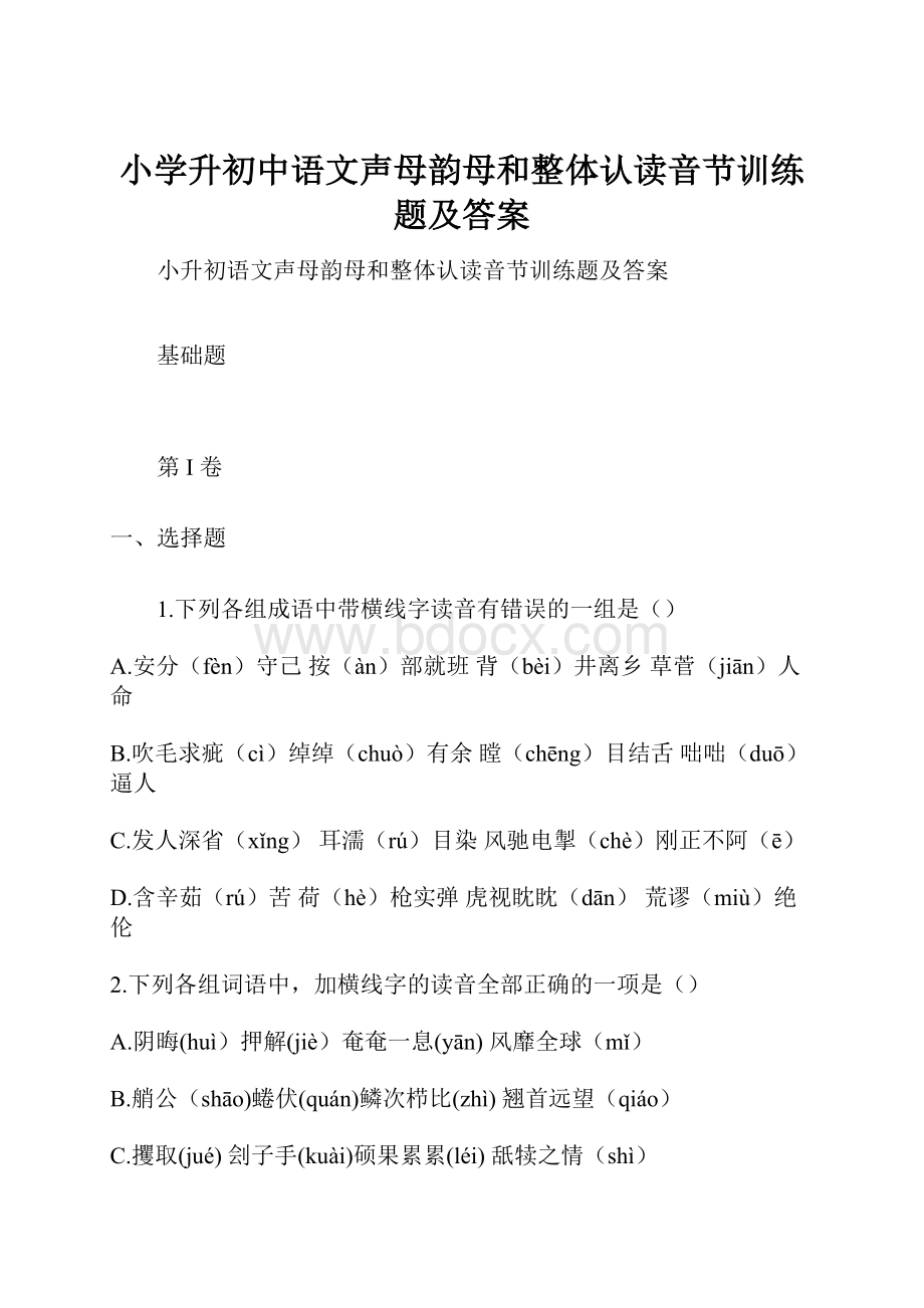 小学升初中语文声母韵母和整体认读音节训练题及答案.docx_第1页