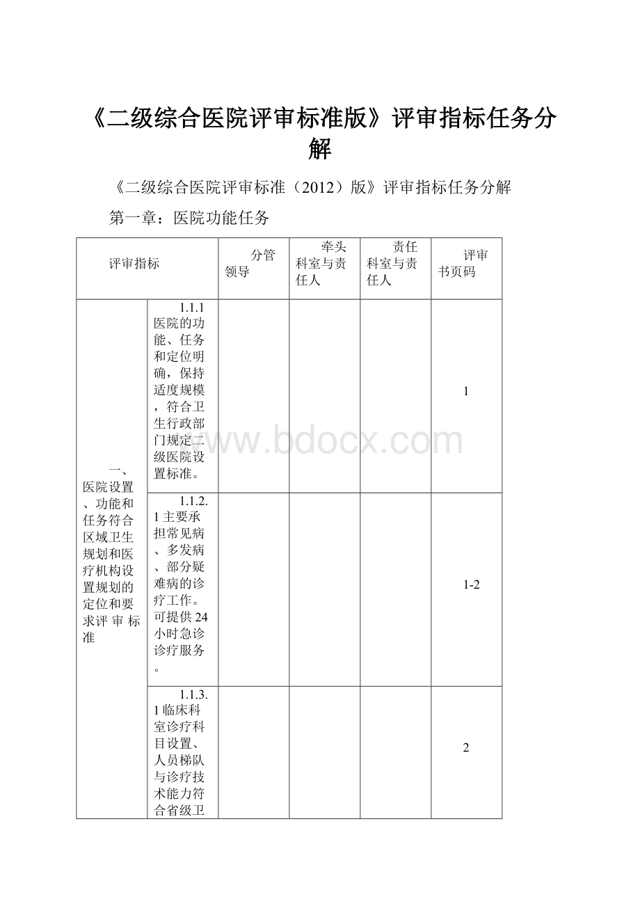 《二级综合医院评审标准版》评审指标任务分解Word下载.docx_第1页