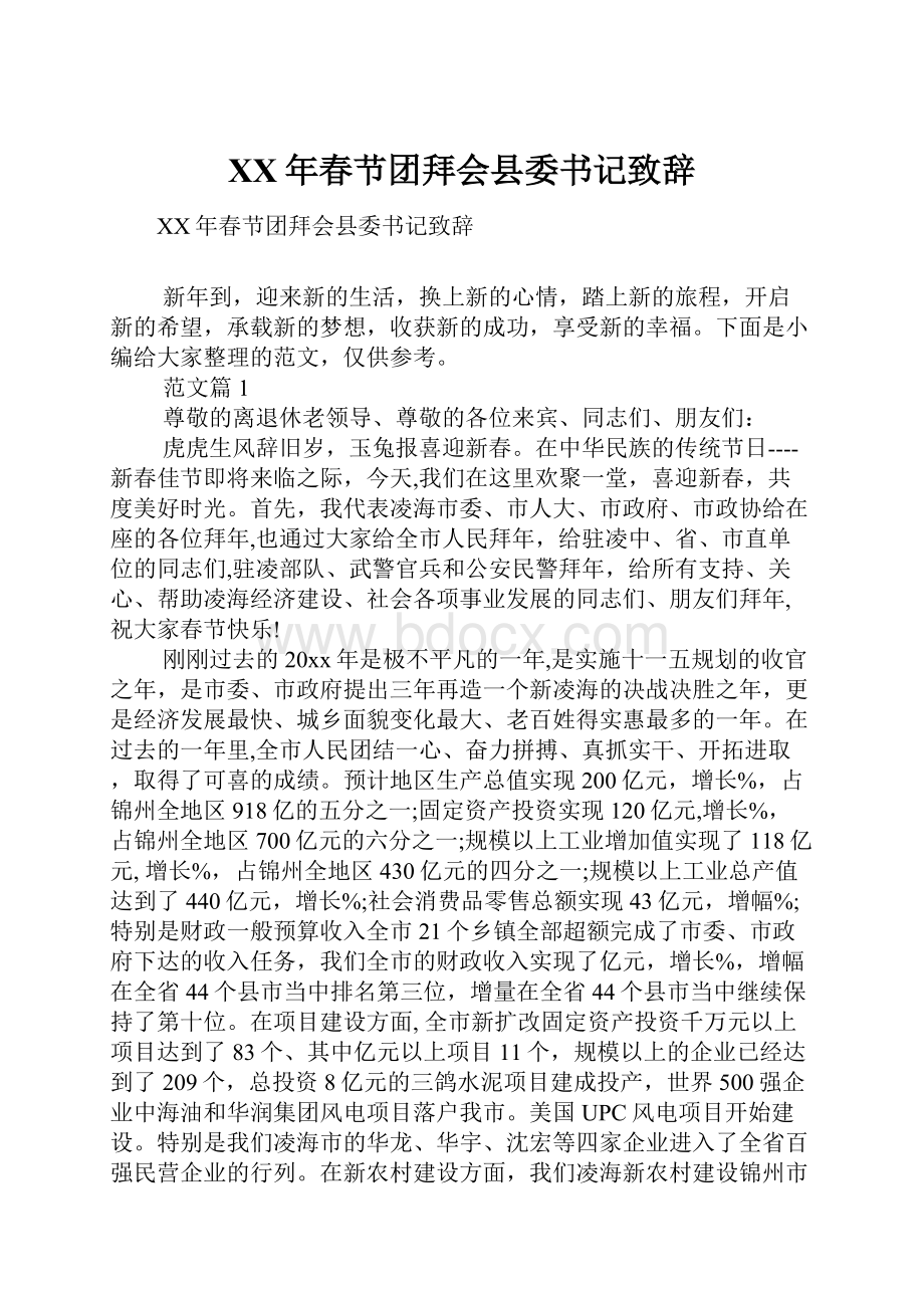 XX年春节团拜会县委书记致辞Word格式.docx_第1页