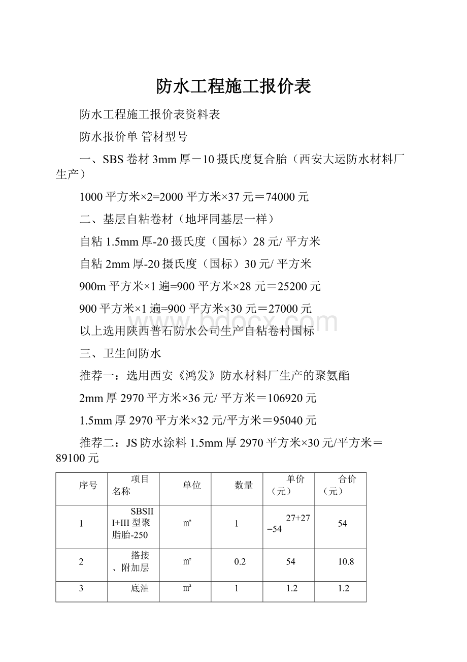 防水工程施工报价表Word文档格式.docx