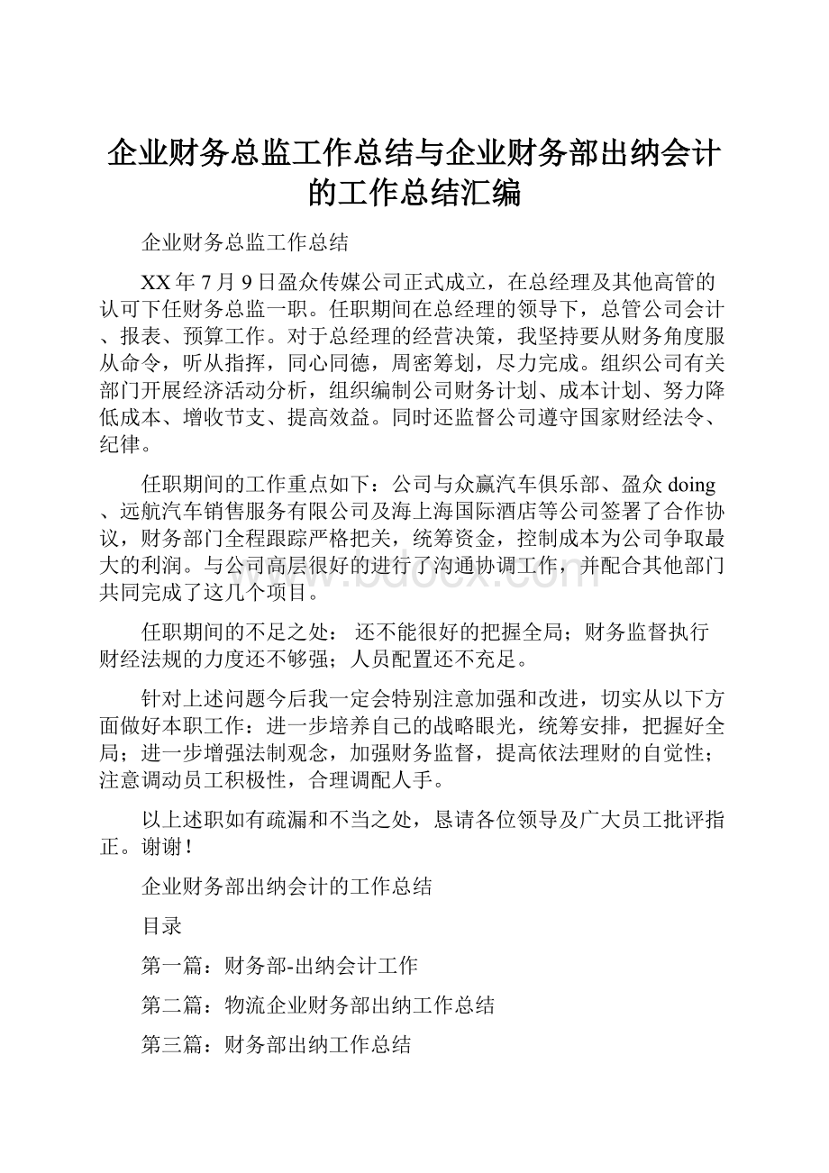 企业财务总监工作总结与企业财务部出纳会计的工作总结汇编Word下载.docx_第1页