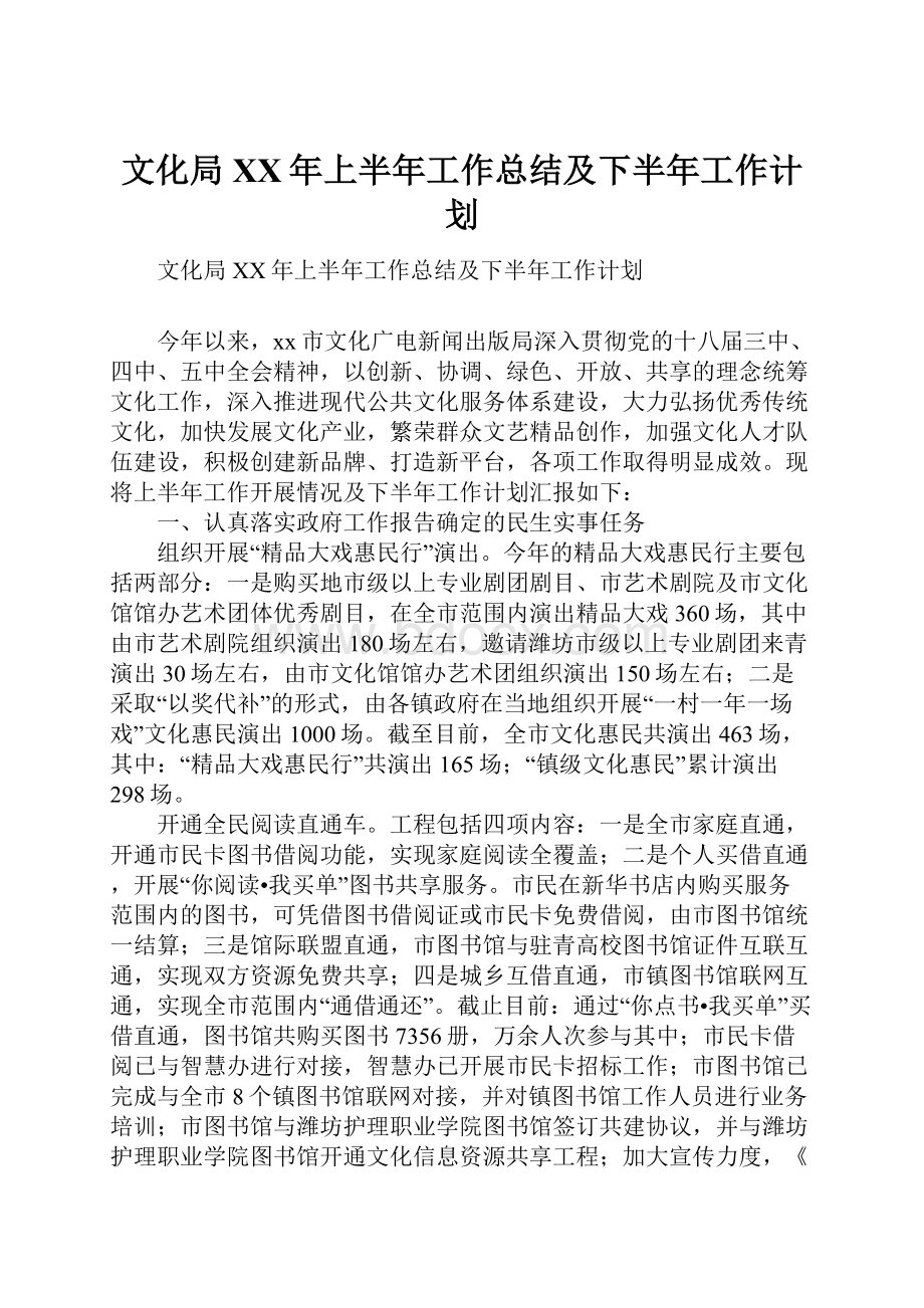 文化局XX年上半年工作总结及下半年工作计划.docx