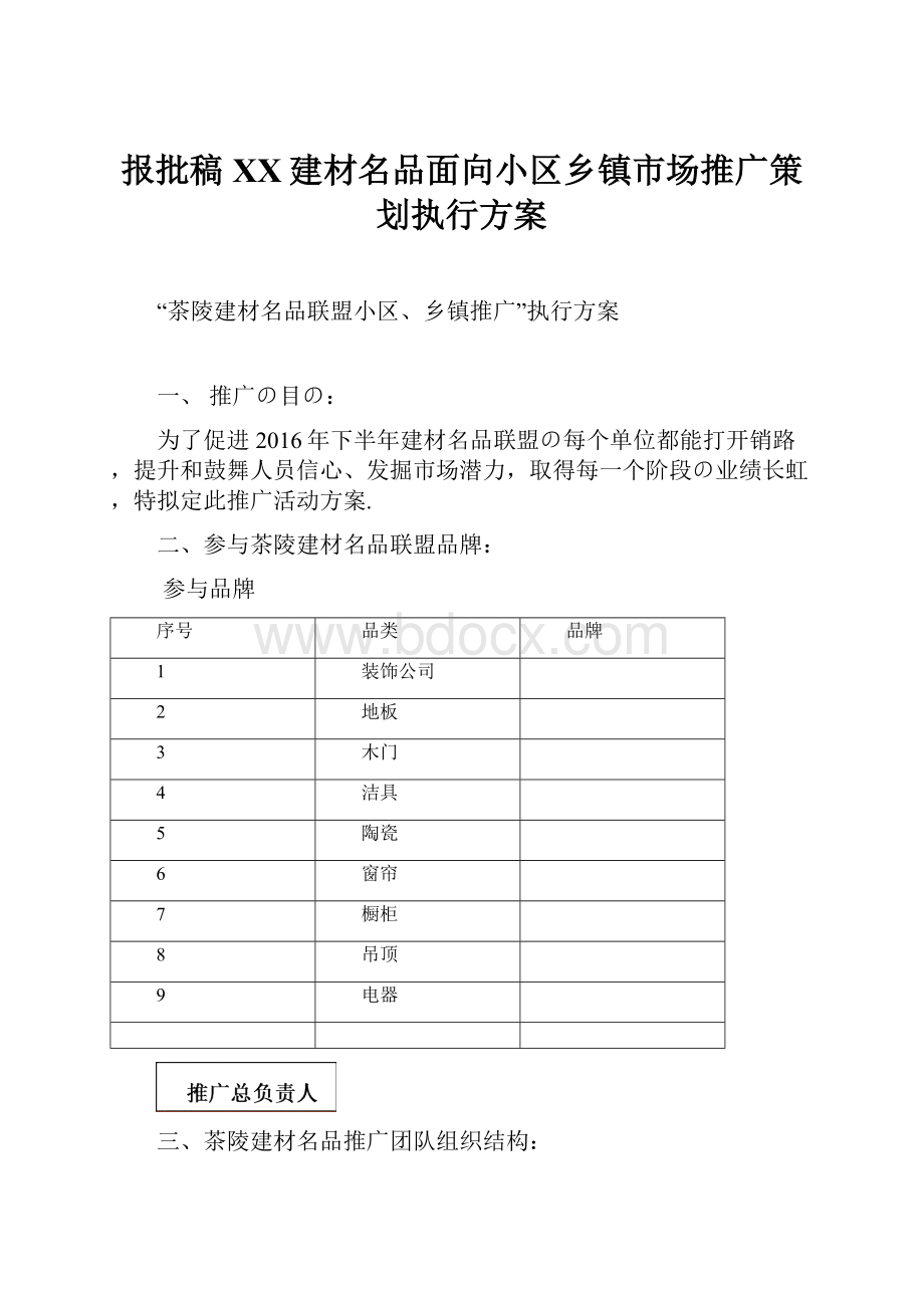 报批稿XX建材名品面向小区乡镇市场推广策划执行方案文档格式.docx_第1页