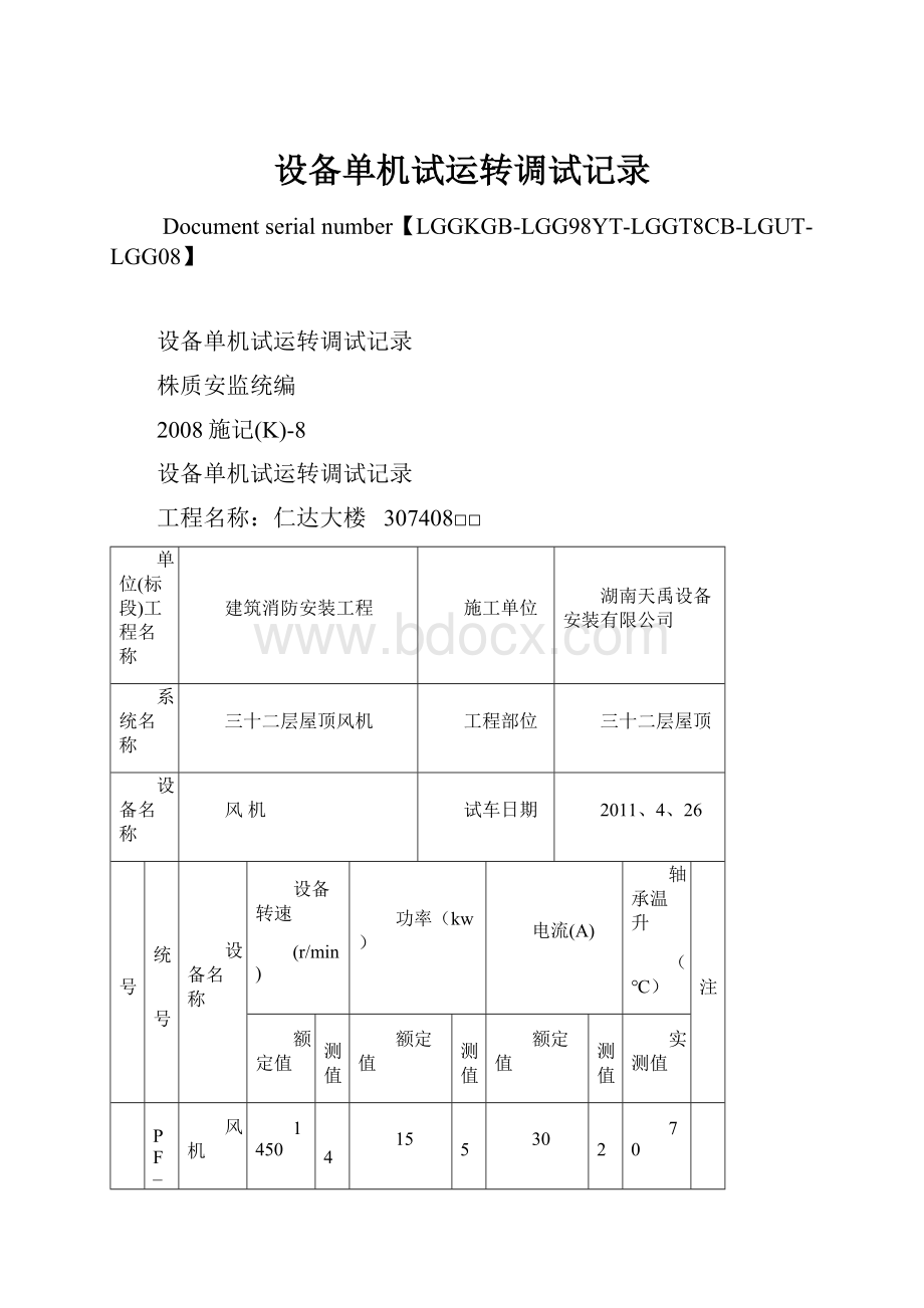 设备单机试运转调试记录Word文档下载推荐.docx_第1页