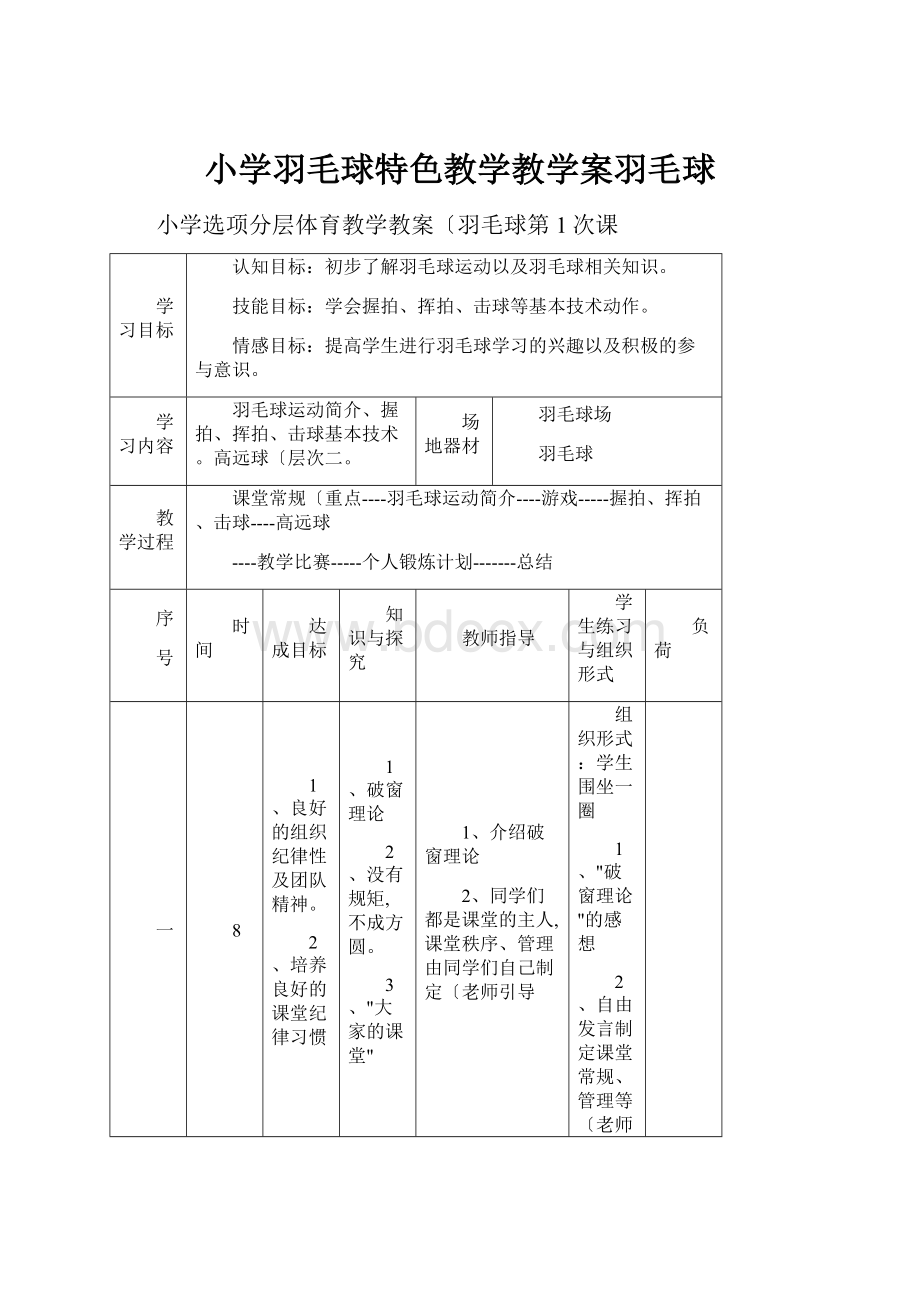 小学羽毛球特色教学教学案羽毛球.docx_第1页