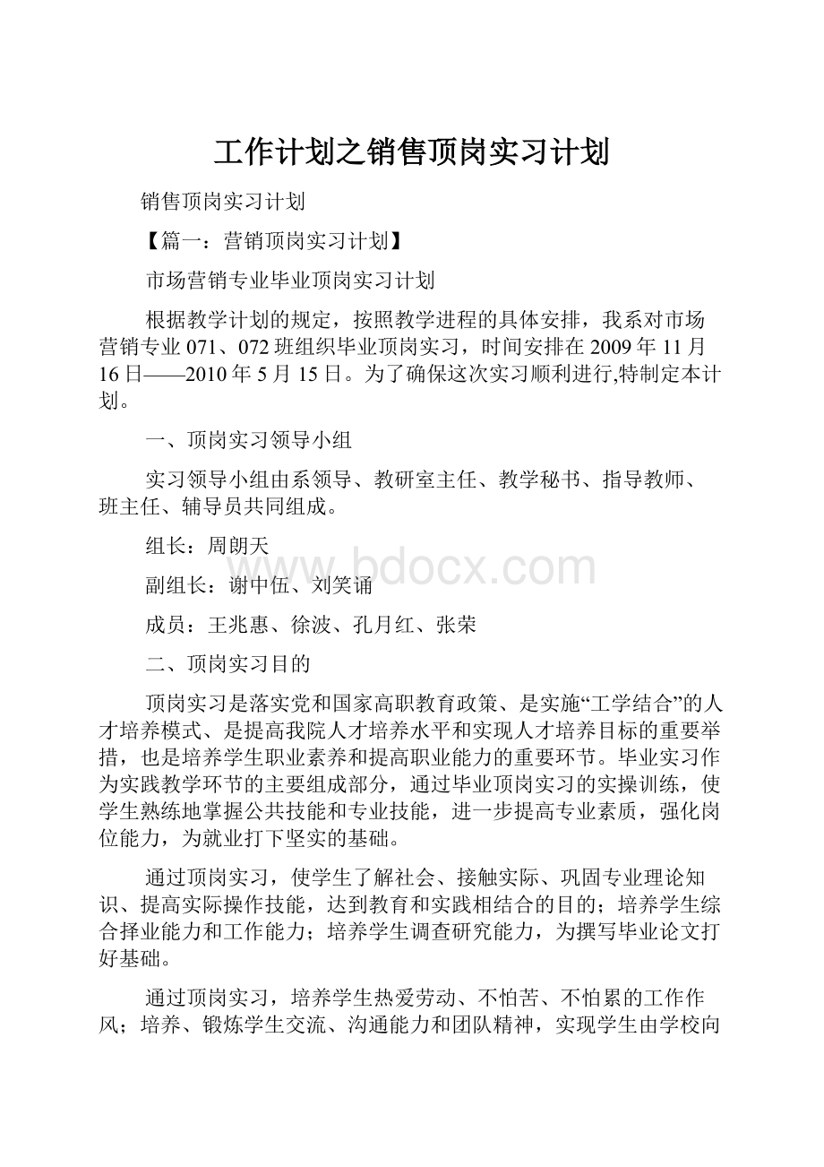 工作计划之销售顶岗实习计划Word下载.docx