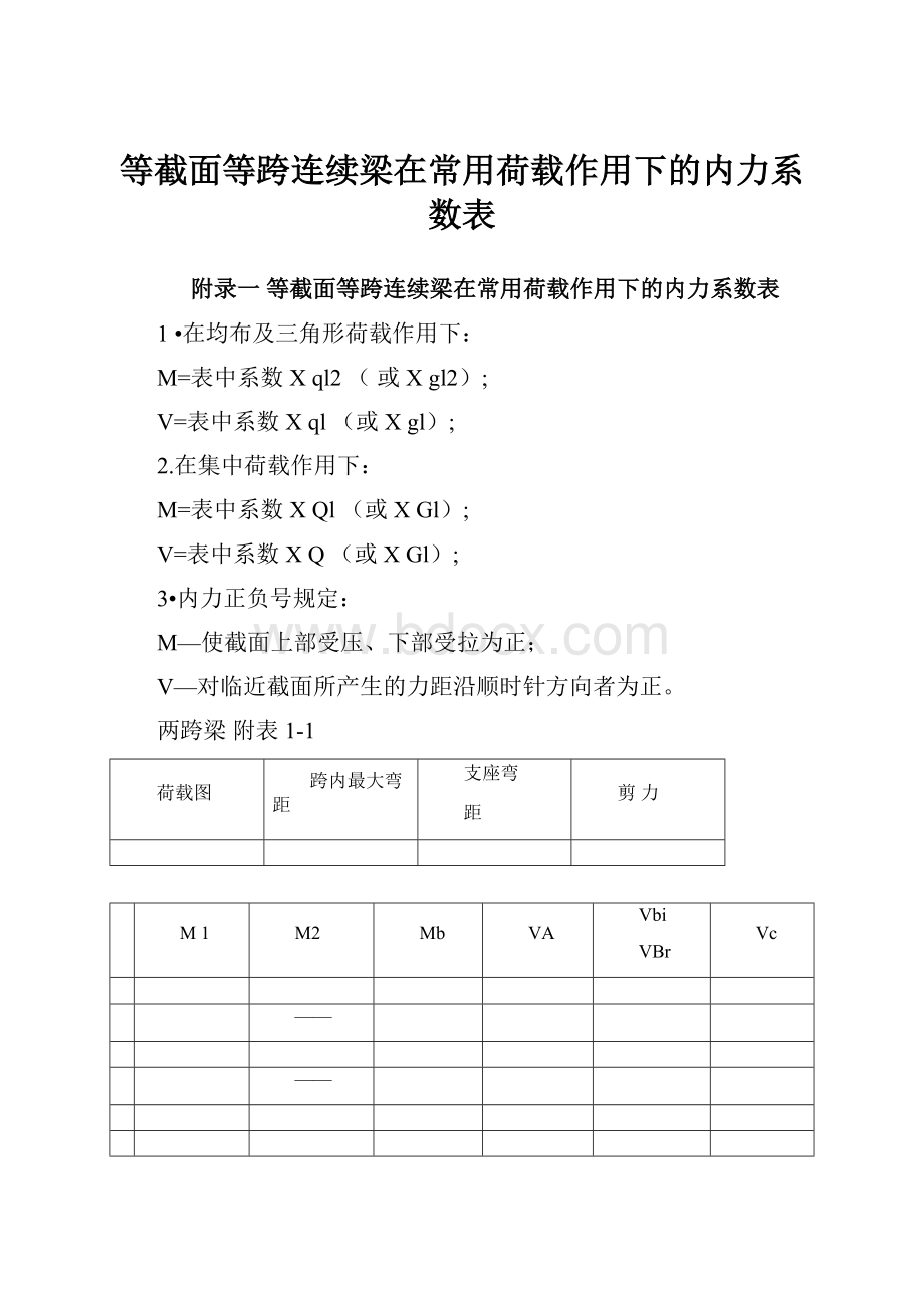 等截面等跨连续梁在常用荷载作用下的内力系数表.docx_第1页