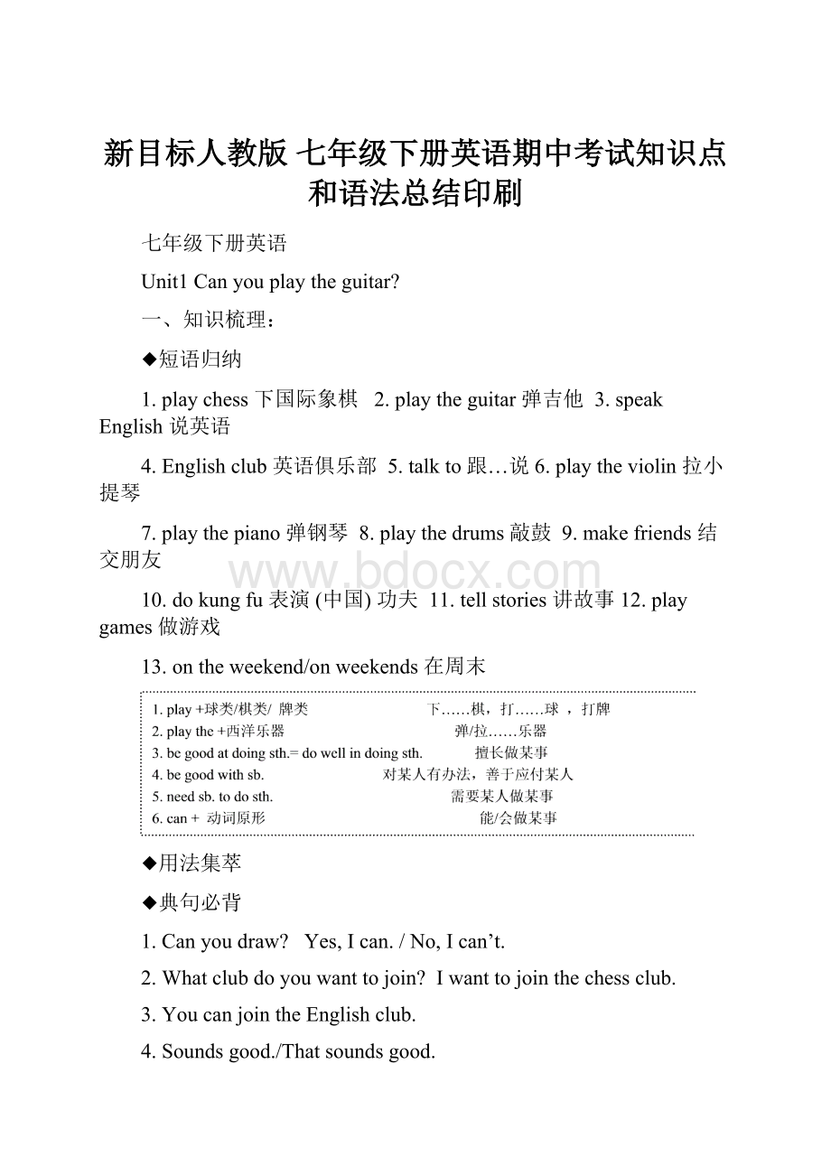 新目标人教版 七年级下册英语期中考试知识点和语法总结印刷.docx_第1页