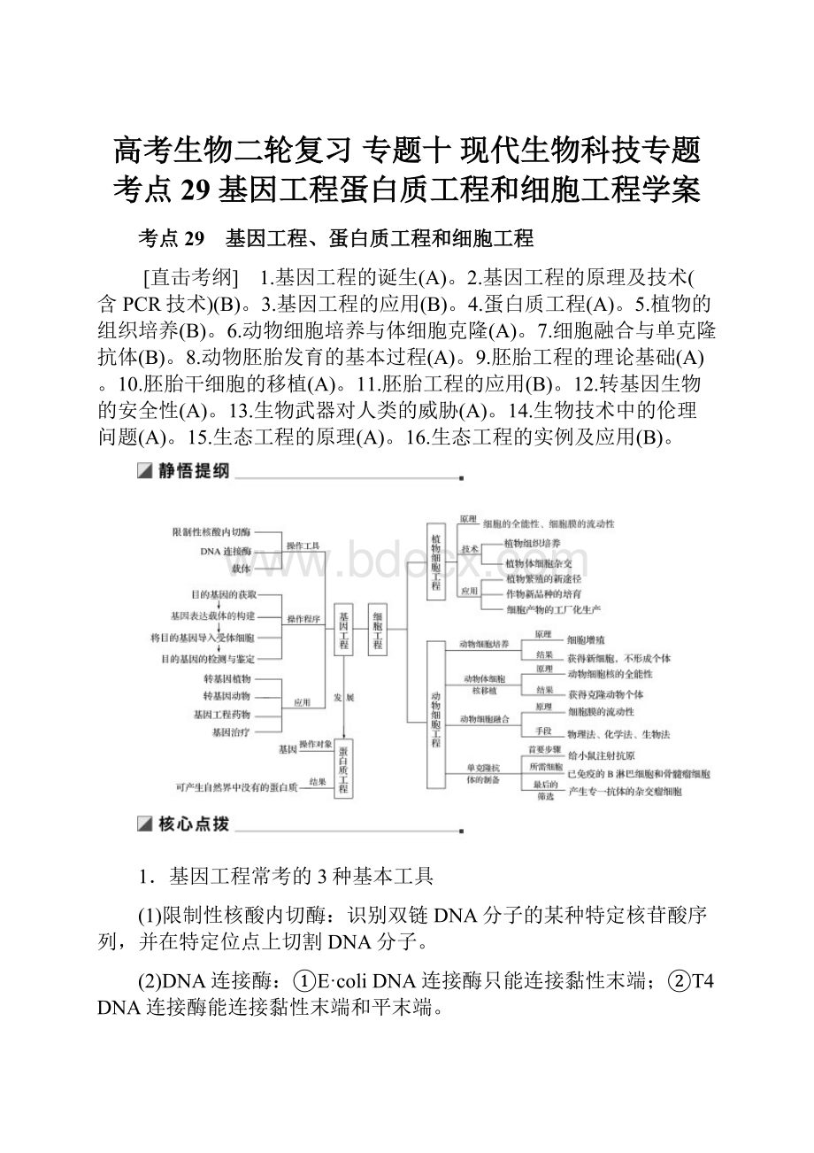 高考生物二轮复习 专题十 现代生物科技专题 考点29 基因工程蛋白质工程和细胞工程学案文档格式.docx