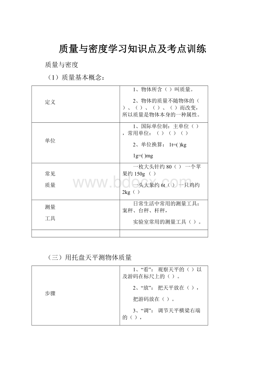 质量与密度学习知识点及考点训练.docx